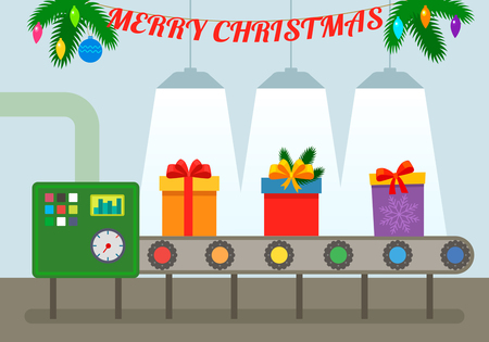 Factory and conveyor of Santa Claus with gifts in boxes. greeting card. flat vector illustrationのイラスト素材