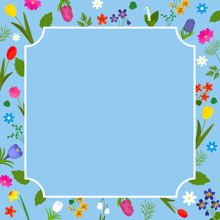White curly frame on a background of spring flowers. flat vector illustration.のイラスト素材