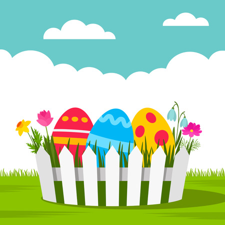 Easter basket with multicolored ornament greeting card or banner.のイラスト素材
