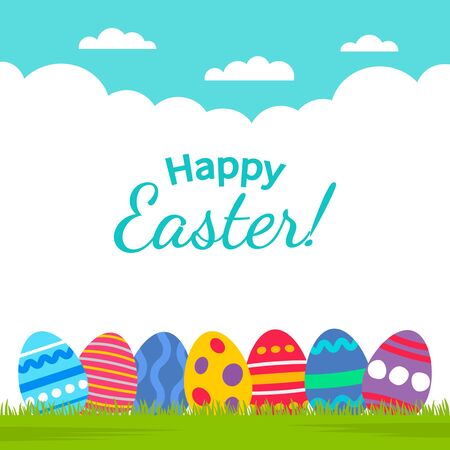 Greeting banner or happy Easter card. Set of colored Easter eggs on the grass.のイラスト素材