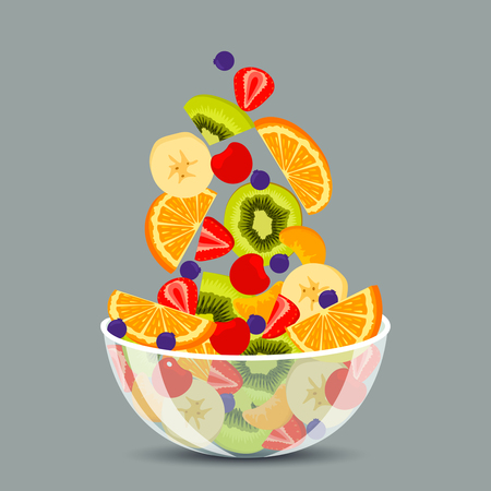 Fresh fruit salad in a transparent bowl isolated on background. The concept of healthy and sports nutrition. Vector illustration in a flat design.のイラスト素材