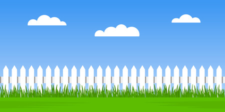 Traditional white fence with green grass against a cloudy sky background.のイラスト素材