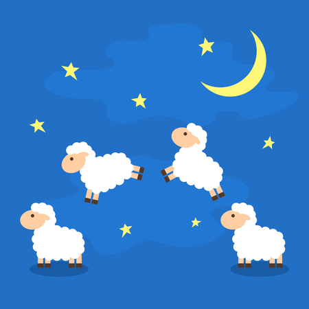 Counting the cute sheep in the night sky to fall asleep.floor vector illustration isolatedのイラスト素材