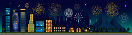 Night City Skyline with Fireworks. flat vector illustrationのイラスト素材