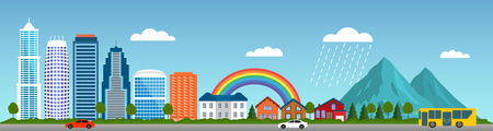 vector cartoon panorama - cityscape with different buildings - office center, skyscrapers, private houses, condominium, cottage with trees and mountains and urban transport. flat vector illustrationのイラスト素材