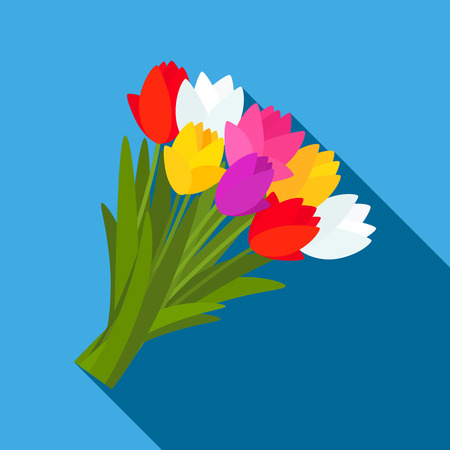 Beautiful bouquet of colorful spring tulips, daffodils with a bow. Flat design.のイラスト素材