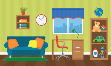 A cozy interior of a children's room with toys, furniture and a window. vector illustration isolated.のイラスト素材