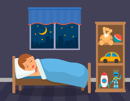 A boy is sleeping in his children's room with toys. vector illustration isolated illustrationのイラスト素材