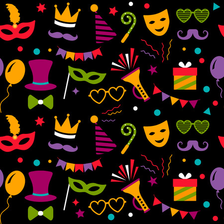 Seamless pattern with carnival or festival icons. Carnival, photographic paper and birthday party. Flat vector illustration isolated on black backgroundのイラスト素材