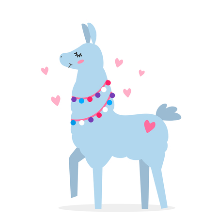 Funny llama alpaca in a cartoon style isolated. flat vector illustrationのイラスト素材