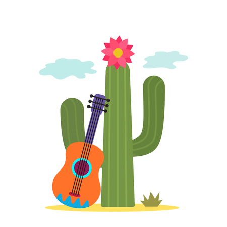 Cactus with a Mexican guitar.   white background Vector illustration.のイラスト素材