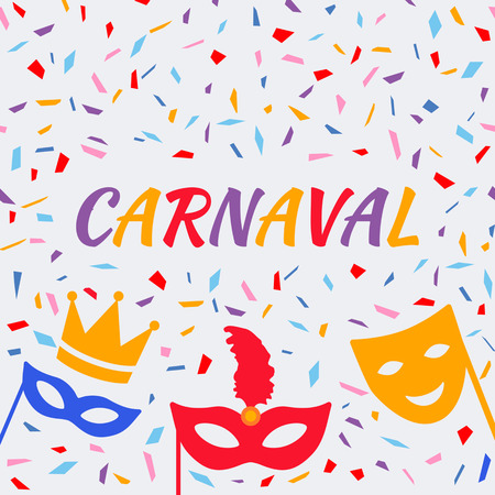 Celebration festive background with carnival icons and elements of the Venetian or Brazilian carnival. Colorful banner. black and white backgroundのイラスト素材
