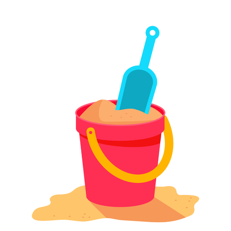 Red baby bucket with shovel and sand. concept of children's beach. black and white backgroundのイラスト素材