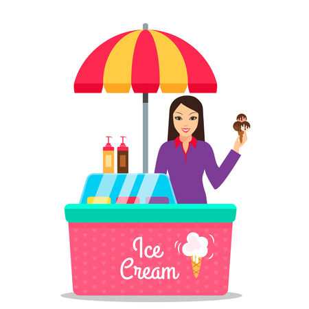 Young beautiful girl in a stall selling ice cream. black and white backgroundのイラスト素材