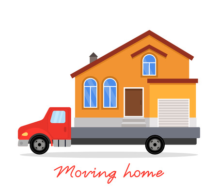 Moving of trucks, furniture, cardboard boxes, flowers. House on wheels. Transportation company.platform vector illustration isolated on white backgroundのイラスト素材