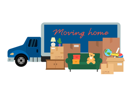 Moving of trucks, furniture, cardboard boxes, flowers. House on wheels. Transportation company.platform vector illustration isolated on white backgroundのイラスト素材