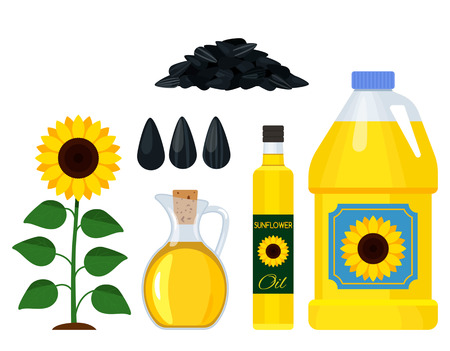 A set of various icons of a sunflower oil - a bottle of plastic and glass, seeds, sunflower. black and white backgroundのイラスト素材