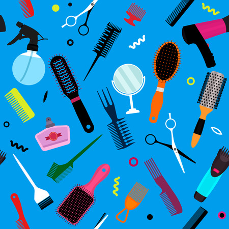 A set of various combs, a hairdryer, a mirror in a seamless pattern. Modern texture for hairdressing business and beauty salons. flat vector illustrationのイラスト素材