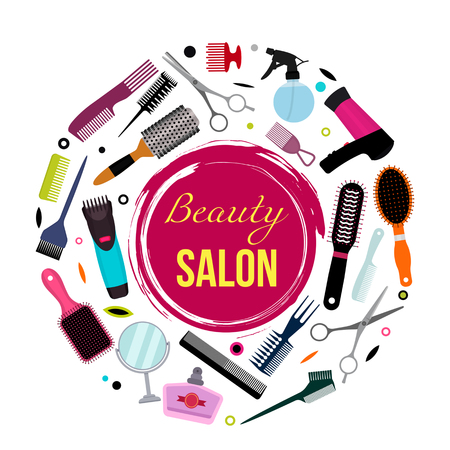 A colorful modern banner with a set of various combs, a hair dryer, scissors for a hairstyle. Hairdressing equipment. The concept of beauty salon. black and white backgroundのイラスト素材