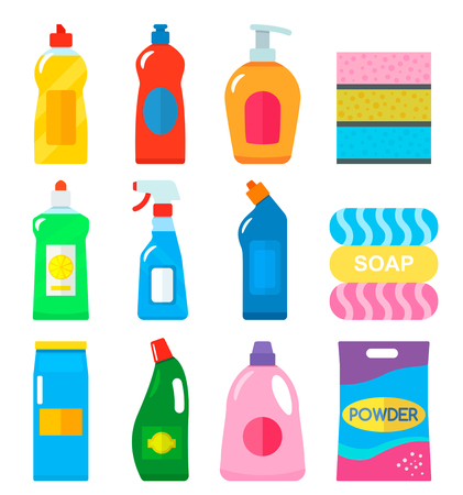 Various household chemical goods for cleaning the house, dishes, bathroom. A flat set of accessories for cleaners. vector illustrationのイラスト素材