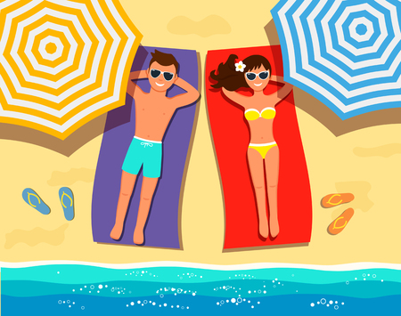 A young guy and a girl lie on towels and sunbathe on the beach under a beach umbrella concept of summer vacation and travel. Vector illustration. view from aboveのイラスト素材