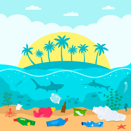 A pile of waste and debris floating on the bottom in the dirty ocean. concept of ecology and processing. flat vector illustrationのイラスト素材