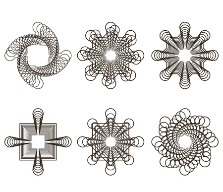 a set of 6 abstract spiral, rotating figures. flat geometric shapes, elements templates. vector illustrationのイラスト素材