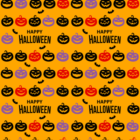 Seamless pattern with cheerful pumpkins and the inscription "happy Halloween". A design template for packaging, print, wallpaper for a Halloween party. Vector illustration is flatのイラスト素材
