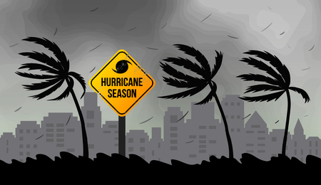 Tornado hurricane Florence, coming from the ocean. Huge waves on the houses on the coast. Tropical disaster and a sign of catastrophe and warning. Flat vector illustration.のイラスト素材