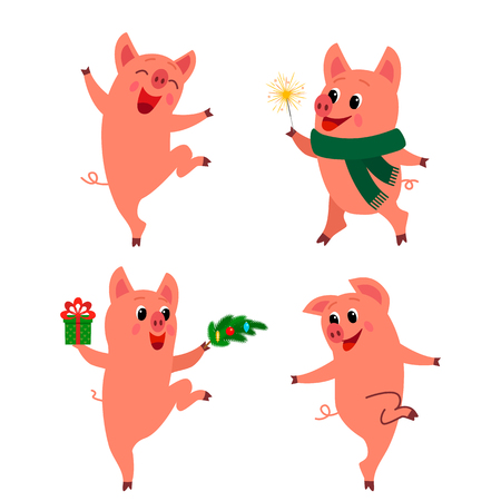 Set of Happy characters of pigs - a symbol of the new year 2019. a festive greeting card or a congratulation on a new year - the year of a pig! Vector illustration.のイラスト素材
