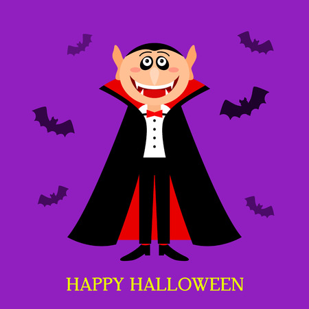 A funny Count of Dracula with fangs and a terrible smile. Happy Halloween! greeting card or invitation. flat vector illustrationのイラスト素材