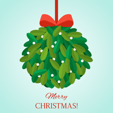 Traditional english christmas ball made from mistletoe. Holiday "kiss me under the mistletoe." flat vector illustrationのイラスト素材