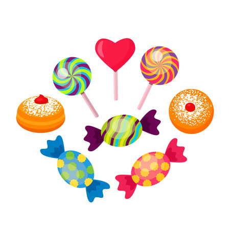 Set of sweet multicolored candies and caramel with donuts. flat vector illustration isolated on white backgroundのイラスト素材