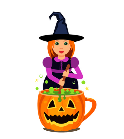 A young witch cooks a magic potion in a pumpkin pot. flat vector illustration isolated on white background.のイラスト素材