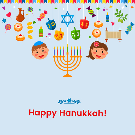 Greeting card or banner for the Jewish holiday of Hanukkah.The traditional symbols of the icon are the dridel, sweets, donuts, menorah, the Star of David and joyful children. Vector Illustrationのイラスト素材