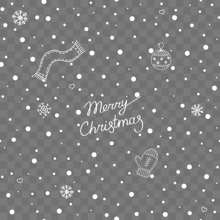Seamless pattern of falling snow with a lettering and winter elements on a transparent background. vector illustration. endless winter wallpaperのイラスト素材