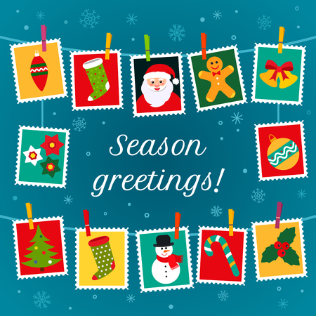Christmas poster or greeting card. Traditional hanging Christmas decorations and garlands - Santa, holly, snowman, Christmas ball, gingerbread. flat vector illustration isolated on light background.のイラスト素材