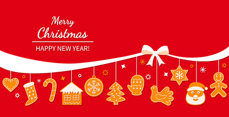 Christmas poster or packaging. A bright garland of Christmas gingerbread with a greeting inscription.のイラスト素材