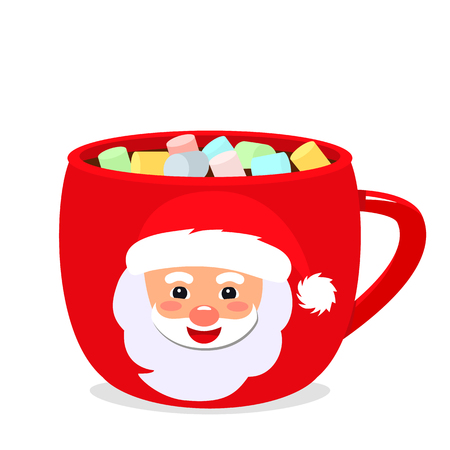 Christmas pattern. A cup of hot chocolate with marshmallows and the face of Santa Claus. flat vector illustration isolated on white backgroundのイラスト素材