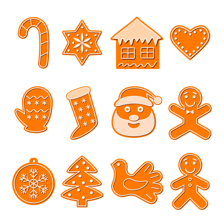 Set of funny gingerbread christmas cookies isolated on white background. Flat vector illustration - Vector illustrationのイラスト素材