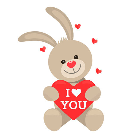 Funny character Rabbit holds in his paws a big heart with the words I love you. The concept of Valentine's Day, wedding, Easter. flat vector illustration isolate on white backgroundのイラスト素材