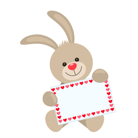 A funny character rabbit holds in his paws a card with a place for your text. The concept of Valentine's Day, wedding, Valentine's Day.のイラスト素材
