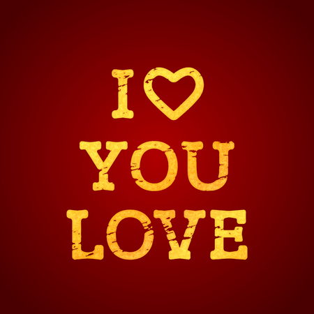 scratched golden inscription I love you with hearts in grunge and vintage style. Greeting card for Valentine's day, wedding, engagement. flat vector illustration isolated on black background - Vector illustrationのイラスト素材