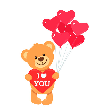 Funny character Teddy holds in his paws a big heart with the words I love you and shabor balloons. The concept of Valentine's Day, wedding, Valentine's Day. flat vector illustration isolate on whiteのイラスト素材