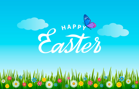 Bright greeting card with handwritten inscription Happy Easter. Retro lettering. Various spring flowers with a butterfly on a background of green grass. vector illustrationのイラスト素材