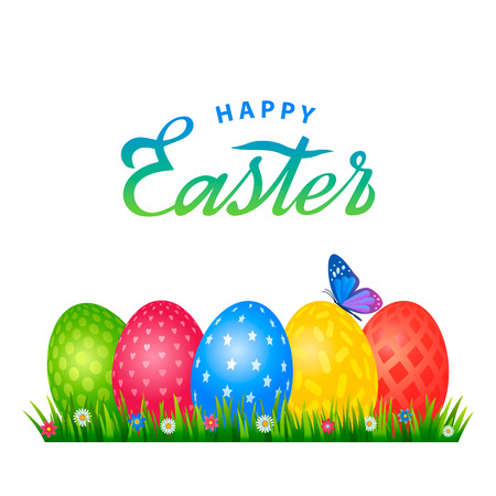 Bright greeting card with handwritten inscription Happy Easter. Retro lettering. A set of Easter eggs with different ornaments on the background of green grass and spring flowers. vector illustrationのイラスト素材