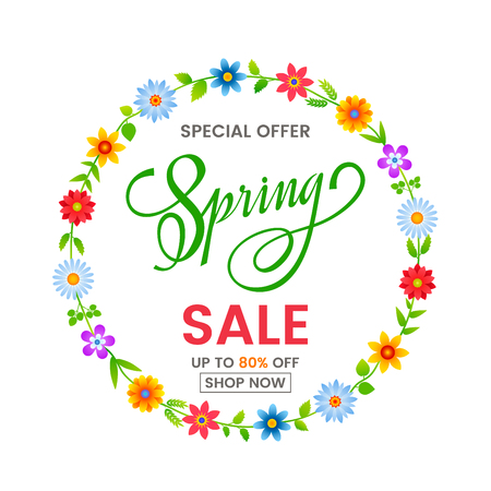 A bright banner of spring sale on the background of spring flowers, daisies. Template for postcard, advertising, coupon, invitation, banner. vector illustrationのイラスト素材