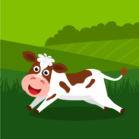 A cute, funny calf runs across a green lawn. flat vector illustrationのイラスト素材