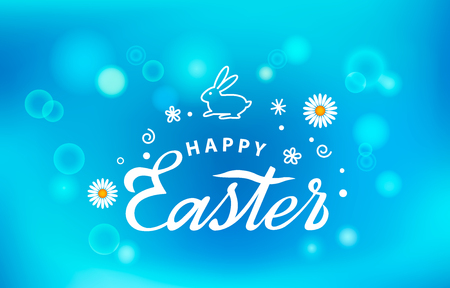 Bright greeting card with the inscription Happy Easter and Easter bunny with the logo. Retro lettering on the background of blurred gradient background and glare with bokeh effectのイラスト素材