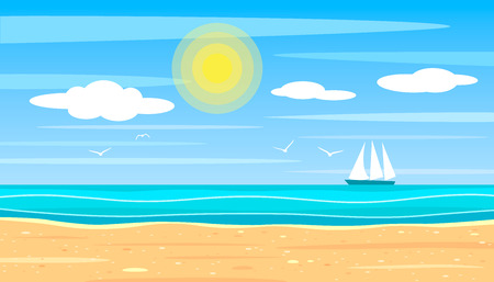 Bright landscape of a sandy beach on the background of the ocean on a bright sunny day. sailboat ship on the horizon with seagulls. flat vector illustrationのイラスト素材